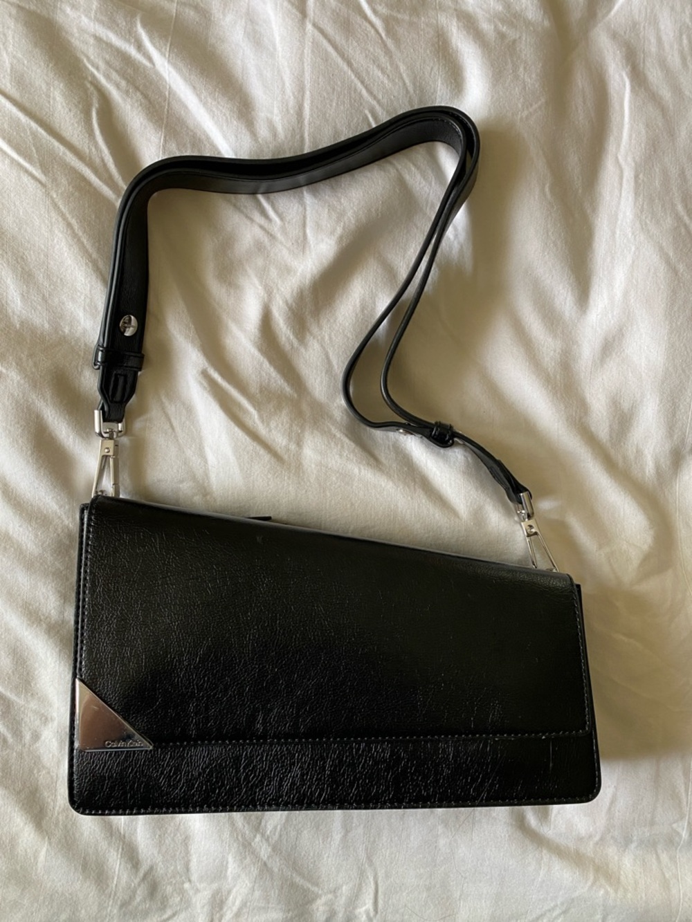 Calvin Klein Black Leather Shoulder Crossbody with Silver Accent